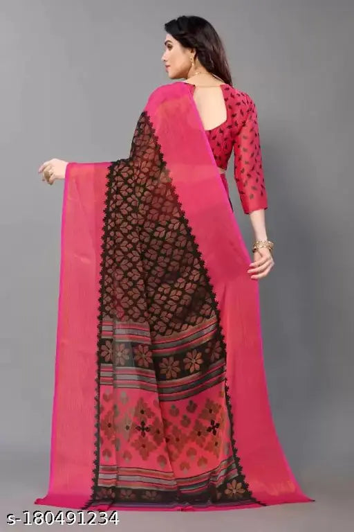 Multicolor chiffon Brasso saree with unstitched chiffon blouse, Indian ethnic wear in trendy design and quality