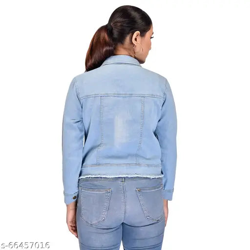 Solid denim long sleeve jacket for women, size M (19in bust, 20in length, 18in waist), made in India