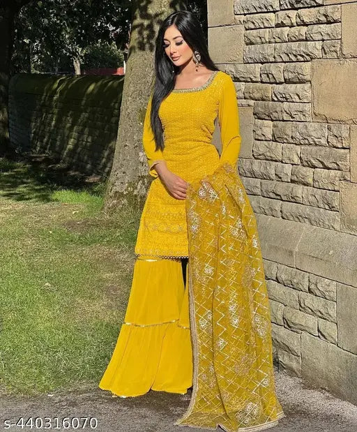 Yellow faux georgette saree with dupatta and matching blouse