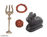 Black marble Shivling Nandi with brass Trishul, 5 Mukhi Rudraksha bracelet set. Traditional Indian spiritual artifact on display