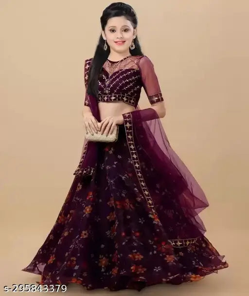 Organza & net kids tea purple lehenga with embroidered floral stitch, three-quarter sleeves