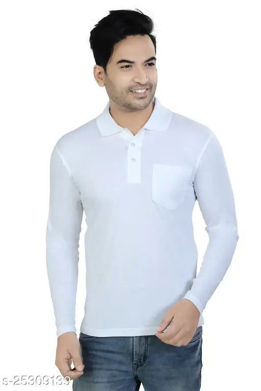 Solid Men 100% Cotton Super Combed Polo Neck White T-Shirt Full Sleeve