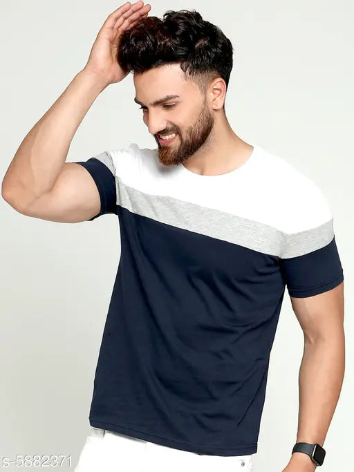 Multicolor round cotton t-shirt for men, colorblocked design, short sleeves in various sizes from XS to XXL, made in India