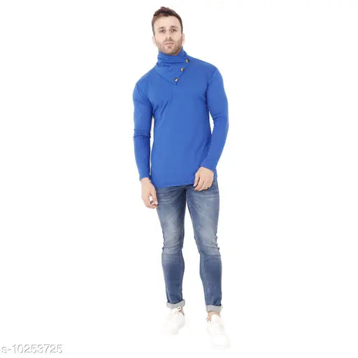 Blue cotton blend long sleeves high neck t-shirt, ideal for casual wear and layering