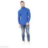 Blue cotton blend long sleeves high neck t-shirt, ideal for casual wear and layering