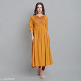 Mustard rayon flared kurti with embroidery, three-quarter sleeves, women's fashion from India