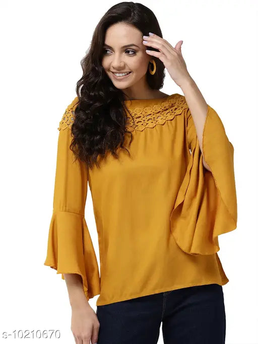 Mustard yellow viscose rayon solid top, women's fashion accessory with three-quarter sleeves, XS to 4XL sizes available