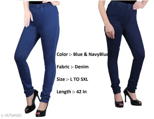 Royalblue-Navyblue denim jeggings, stretchable medium waist, pack of 2 for women