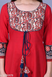 Red rayon ankle-length Anarkali kurta with free mask, printed combo on solid red background, three-quarter sleeves