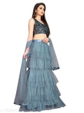Grey embellished net A-line lehenga with sequined blouse, semi-stitched, Indian ceremonial wear