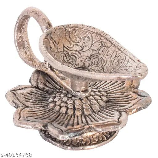 Silver metal diya with flower design - Premium Pooja Mandir & office decor, ideal for Diwali gifting and home decoration