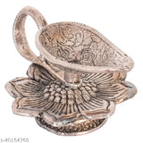 Silver metal diya with flower design - Premium Pooja Mandir & office decor, ideal for Diwali gifting and home decoration