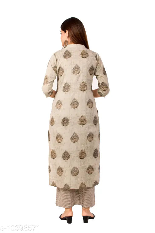 Beige cotton printed straight kurta palazzo set with three-quarter sleeves, Indian women's fashion on display