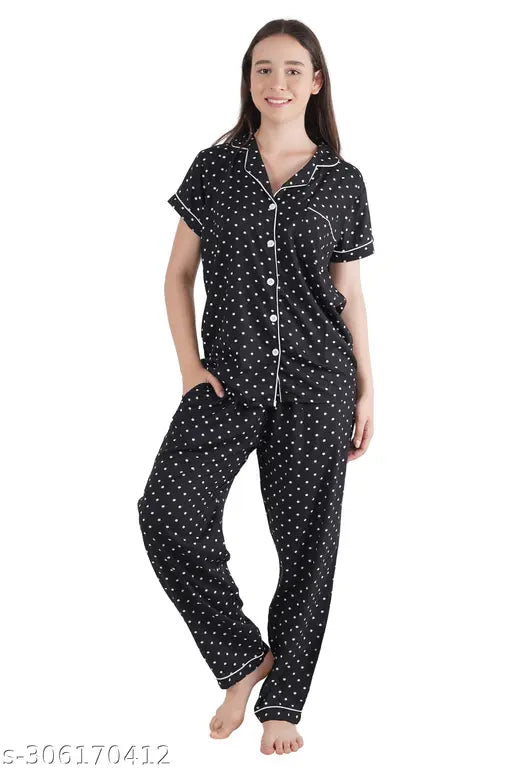Black rayon polka dot printed nightsuit set (ARUSHI) - stylish and comfy sleepwear with loose fit and breathable fabric, perfect for girls' nightwear