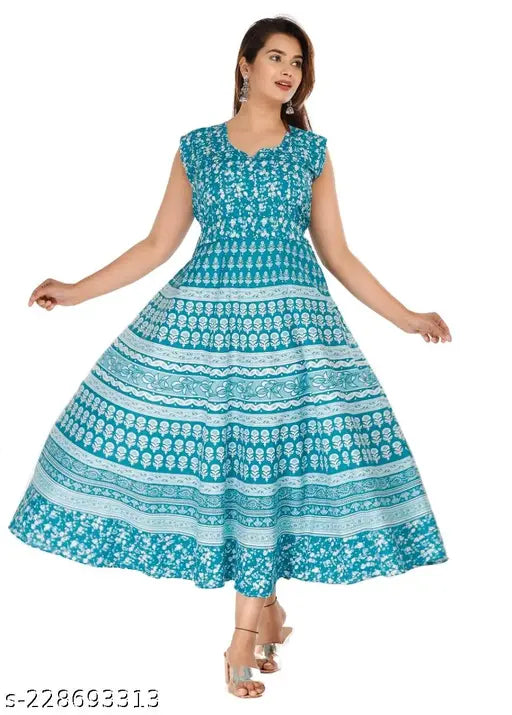 Women's printed cotton Anarkali Kurti summer dress, full length, vibrant colors for beach and regular wear. 100% Cotton blend fast color, perfect for elevating style with elegant design and trendy look