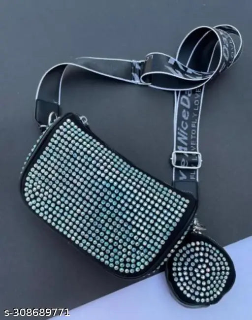 Blue studded trendy purse, shoulder strap