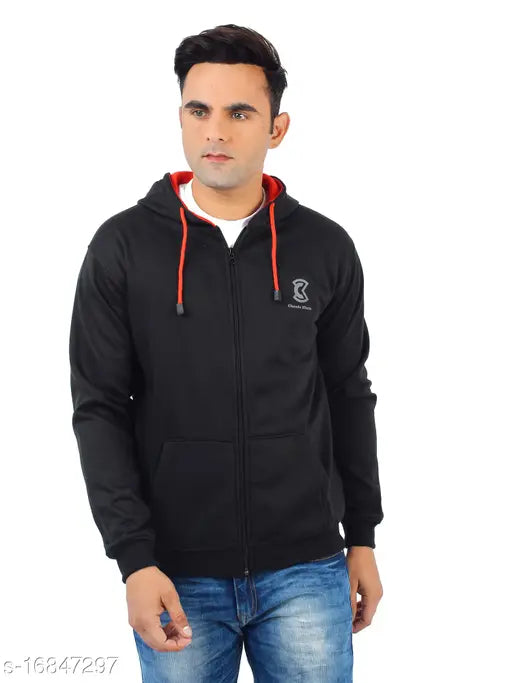 Black cotton blend men's sweatshirt, full sleeve with kangaroo pocket and hoodie pullover, CKHD04-04 from Chanda Khuba, India. Solid black style for cool comfort