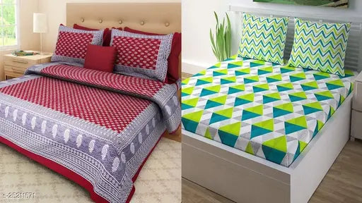 Cotton double bed sheets set, attractive and gorgeous, pack of 2 with 4 pillow covers (queen size), trendy Jaipuri design from India