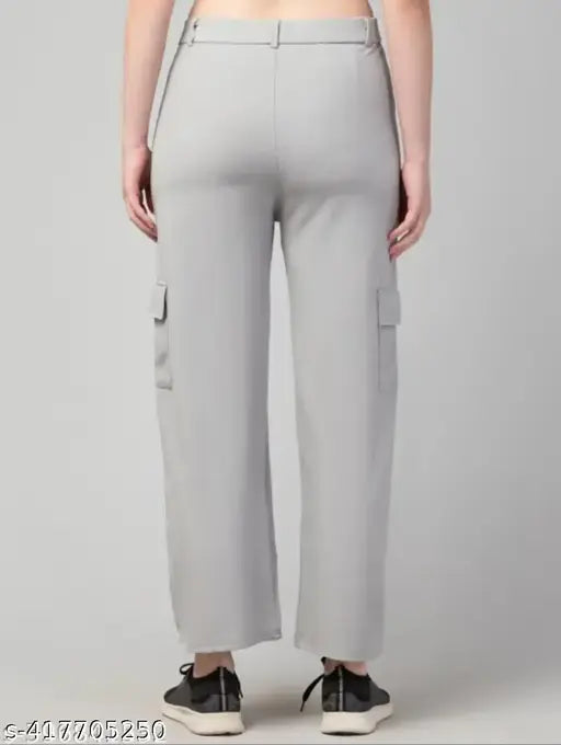 Cargo-style grey trousers, elasticated waist pockets