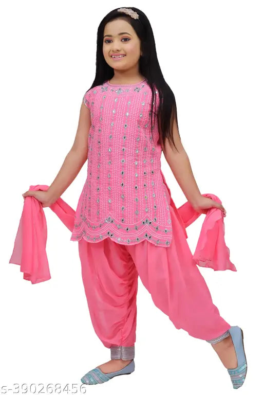 Georgette kids kurta patiala with dupatta, embroidered & mirrored, Indian ethnic wear for ages 3-9