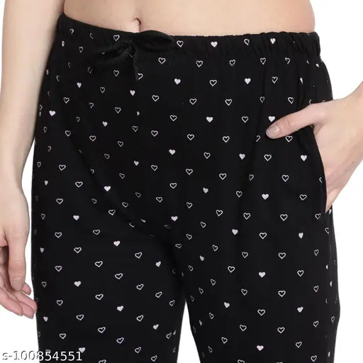 Black cotton nightwear with white hearts pattern