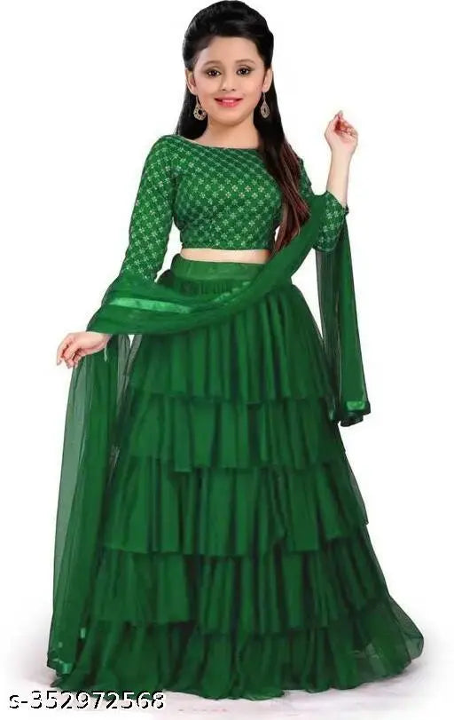 Silk blend ruffle kids' lehenga cholis in net fabric, semi-stitched for party/wedding wear, Indian origin
