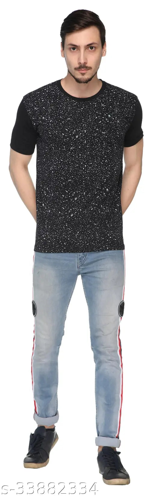 Round neck cotton blend t-shirt, printed with Shaun Men design, short sleeves, size S (37in chest, 25in length). Indian-made trendy and comfortable casualwear