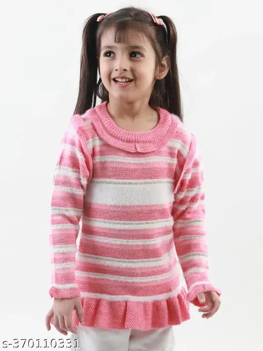Multi-colored striped acrylic skivi sweater for kids, knit round neck design with long sleeves on display