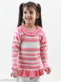 Multi-colored striped acrylic skivi sweater for kids, knit round neck design with long sleeves on display