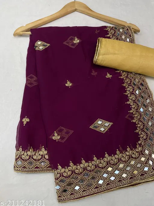 Georgette fabric with mirror work, choras design, silk sare piece, lace border, heavy embroidery