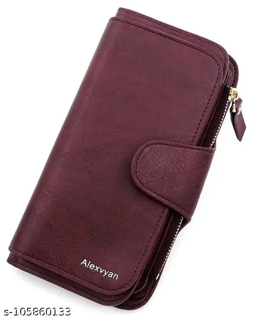 Maroon leather women's purse wallet with 16 card slots and 3 pockets