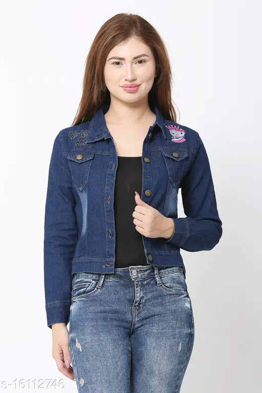 Denim women's full sleeve kitty print jacket, long sleeves, dyed/washed pattern, size chart provided, India origin