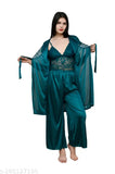 Dark Green satin palazzo pajama set with lace, featuring a top and robe in a pack of 3 for comfortable sleepwear and work-from-home wear