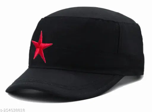 Black cotton baseball cap with embroidered red star pattern, high-quality and machine washable. XL, relaxed fit for adults. Made in India