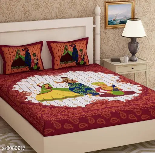 Red cotton queen size bedsheet with 2 peacock pillow covers, 90100 double bedsheet.