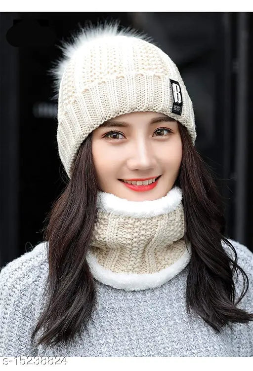 Winter woolen beanie cap with scarf combo set, black faux fur trim, scarf included