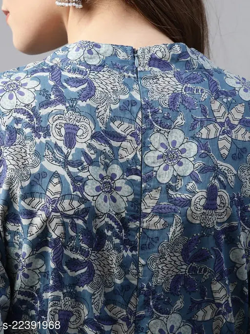 Trendy cotton three-quarter sleeve printed kurti Maha Price Drop Sale, high low flared style with intricate thread work and loose belt