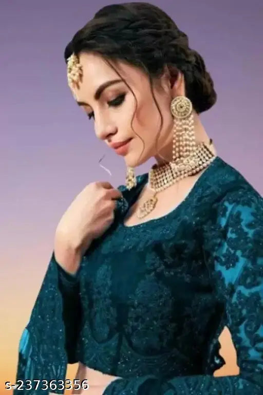 Embroidered acrylic lehenga set with net dupatta, semi-stitched for Indian traditional wear" (117 characters)