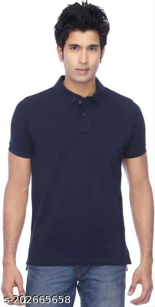 Men's navy blue cotton blend polo collar neck T-shirt, short sleeves, solid design for partywear or business casual. High-quality soft fabric from We Perfect, perfect day-to-night style, made in India