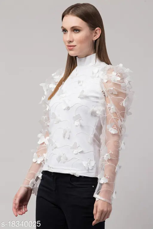 Casual cotton blend puff sleeve embroidered women's blouse with long sleeves, self-design net pattern, size S or M, Indian origin