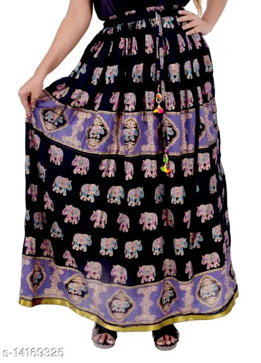 Women's stylish rayon printed flared skirt, color black