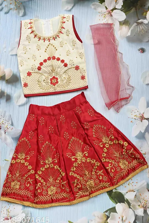 Red Art Silk embroidered choli and net dupatta, Indian Party Girls Legena Choli for toddlers aged 1-2 years" (106 characters)