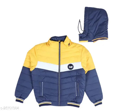 Blue and yellow padded winter jacket with zip closure
