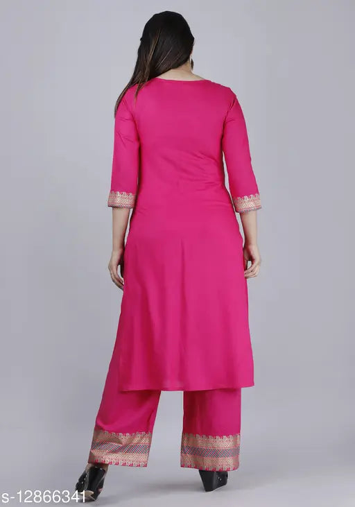Rayon gold print kurta paazzo set, three-quarter sleeve Indian fashion with printed net pattern on display