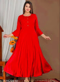 Red rayon women's flared bell gown kameez, fashionable fit, long length, no visible closure or accessories