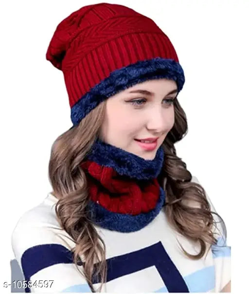 Maroon beanie with grey border, faux fur trim, knitted winter accessory