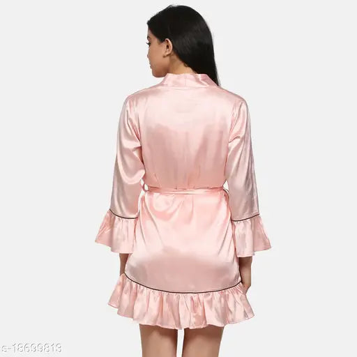 Satin night suit set with robe and lingerie loungewear for women - solid color, long-sleeved lounge wear from Pretty Loving Thing