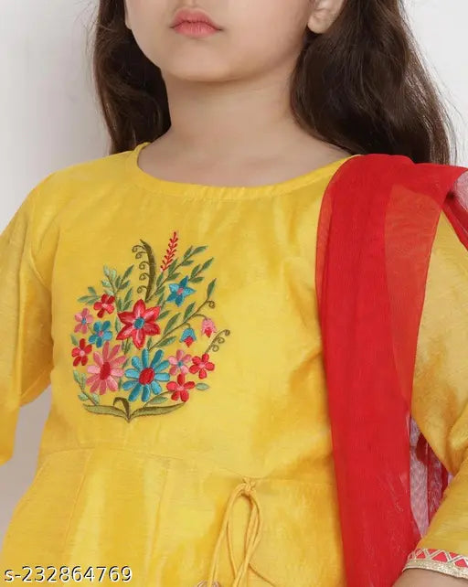 Yellow Chanderi cotton kurta set with net dupatta, trendy partywear for kids aged 3-10 years, embellished Indian fashion