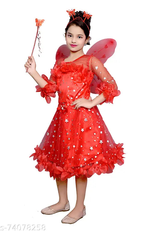 Red party dress with ruffles, heart pattern, and fairy accessory