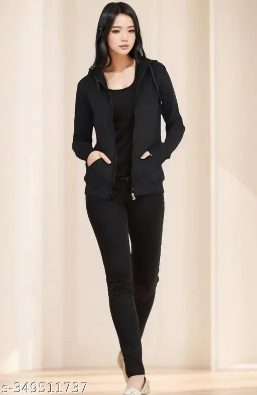 Black fleece long-sleeve jacket for women, solid design, size S (36in bust, 23in length)